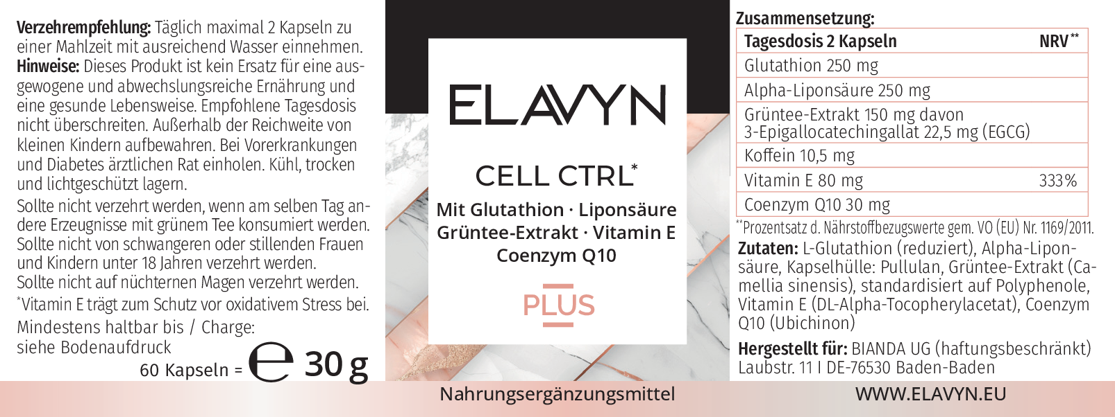 ELAVYN CELL CTRL Etikett mit Zutaten und Nährwerten