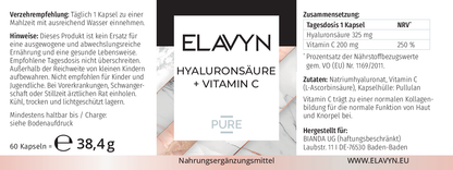 ELAVYN Hyaluronsäure + Vitamin C Etikett mit Zutaten und Nährwerten