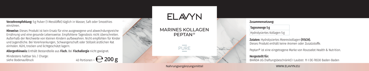 ELAVYN Marines Kollagen PEPTAN® Etikett mit Zutaten und Nährwerten
