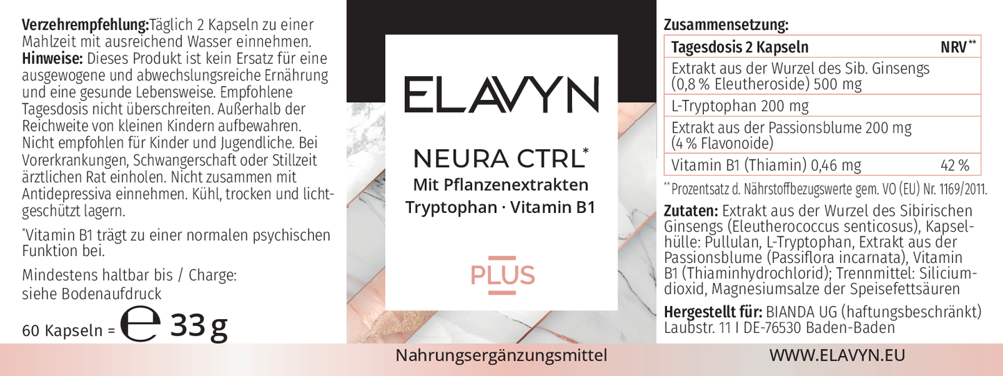 ELAVYN NEURA CTRL Etikett mit Zutaten und Nährwerten