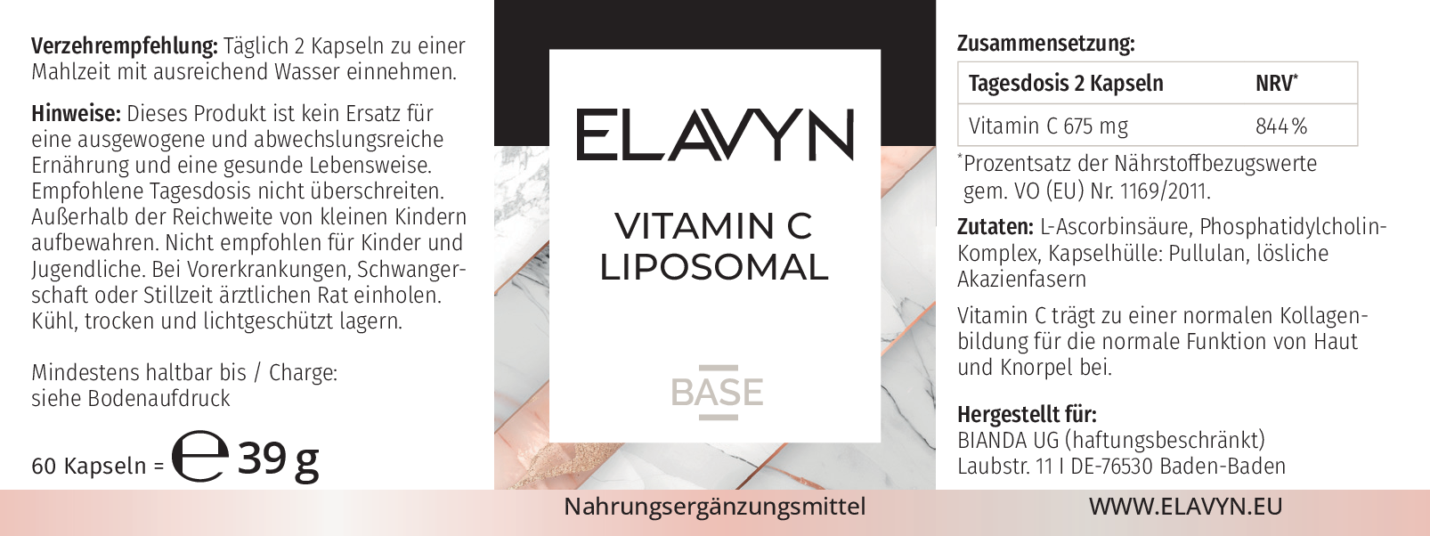 ELAVYN Liposomales Vitamin C Etikett mit Zutaten und Nährwerten