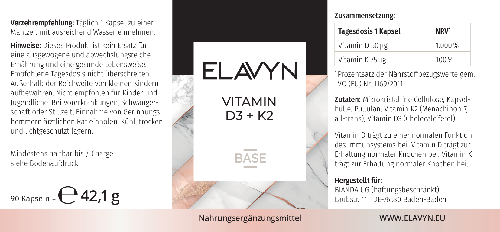ELAVYN Vitamin D3 + K2 Etikett mit Zutaten und Nährwerten