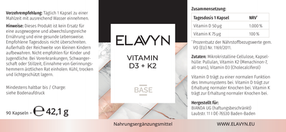 ELAVYN Vitamin D3 + K2 Etikett mit Zutaten und Nährwerten